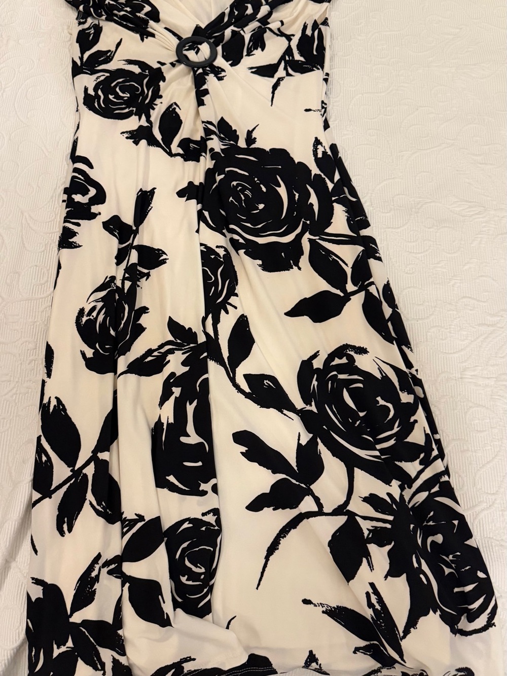 Evan-Picone Floral O-Ring Midi Dress Size 10 Black White Cap Sleeve Slinky